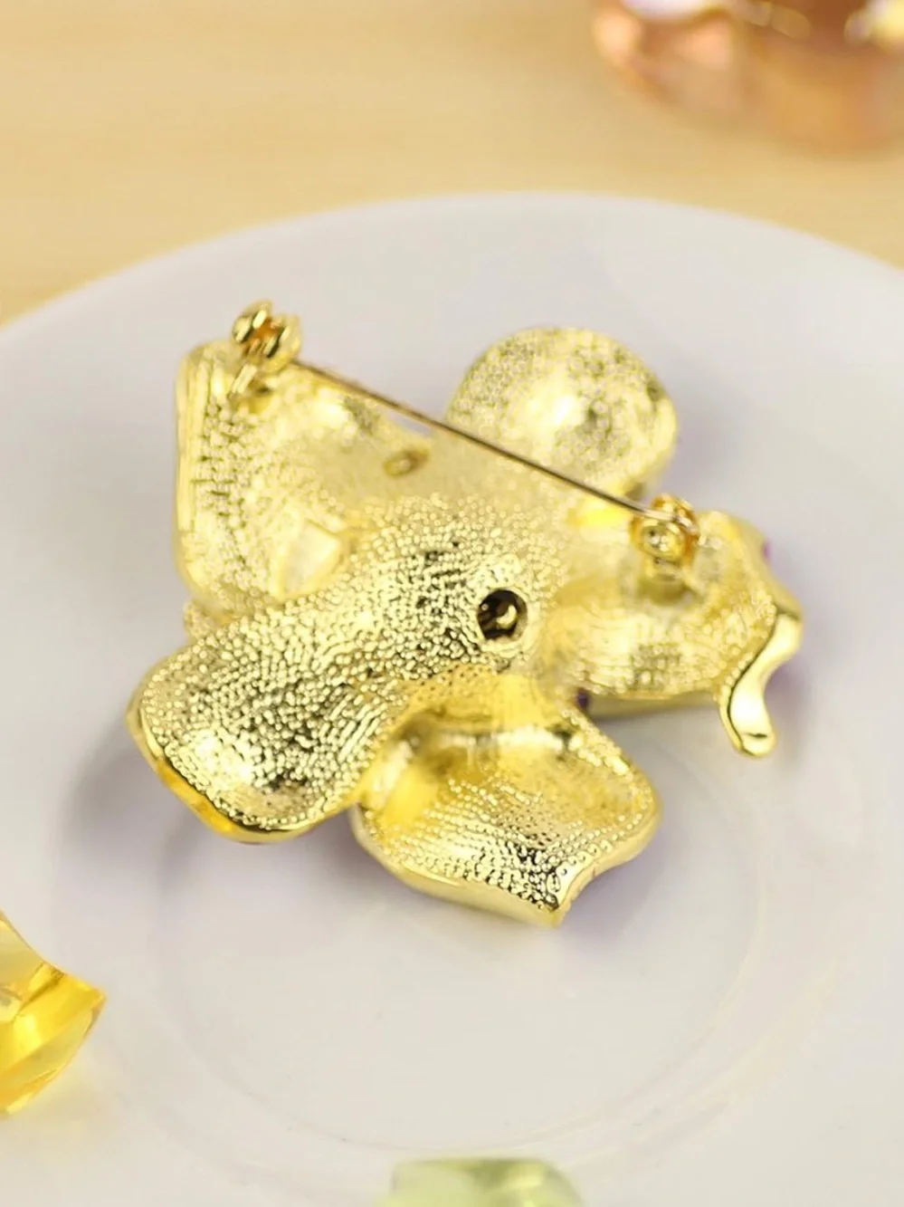 Anthropologie Purple and Gold Floral Crystal Brooch